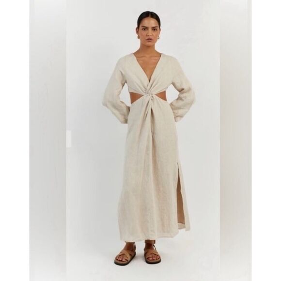NWT DISSH Tina Linen Twist Front Cutout Midi Dress Natural Size US 8 - Picture 1 of 9